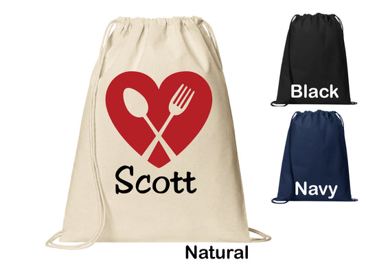 Personalized Heart Fork Spoon Cinch Pack, Drawstring Gym School Pool Backpack, Printed Monogrammed Custom Name, Perfect Gift