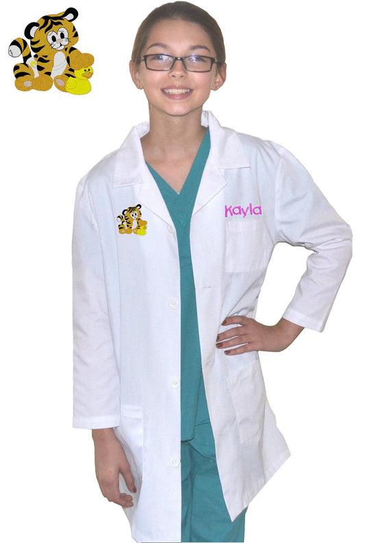 Personalized Kids Lab Coat with Tiger Embroidery Design, Veterinarian Lab Coat, Birthday Gift, Childrens Lab Coat, Monogrammed Name