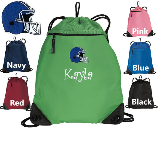 Personalized Kids Cinch Pack, Drawstring Gym School PE Pool Backpack, Embroidered Football Helmet, Monogrammed Custom Name, Kids Gift