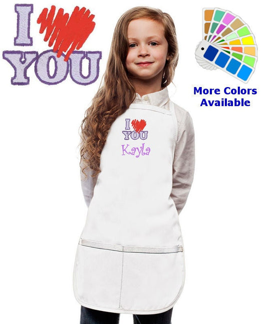 Personalized Kids Apron with I Love You Embroidery Design with Heart, Cooking Kitchen Gift, School Gift, Student Gift, Monogrammed