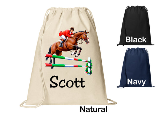 Personalized Horse Show Jumper Cinch Pack, Drawstring Gym School Pool Backpack, Printed Monogrammed Custom Name, Perfect Gift