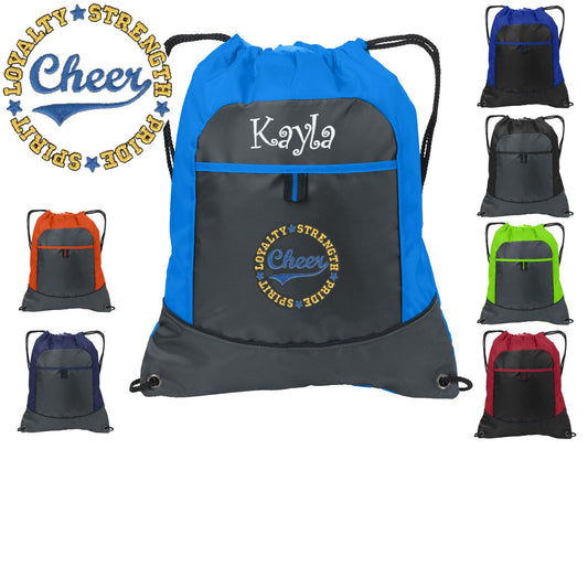 Personalized Cheerleader Cinch Pack Drawstring, Cheer Design, Gym School PE Pool Backpack Embroidered Monogrammed Custom Name School Gift
