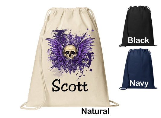 Personalized Goth Skull Wings Purple Design Cinch Pack, Drawstring Gym School Pool Backpack, Printed Monogrammed Custom Name, Perfect Gift