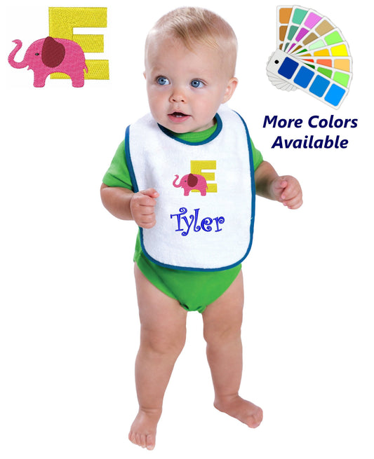 Personalized Baby Bib, White Cotton Terry with Contrast Trim, Letter E, Alphabet, Elephant Design, for Boy or Girl, Embroidered Name