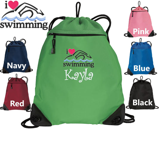 Personalized Kids I Love Swimming Cinch Pack Drawstring Gym School PE Pool Swim Backpack Embroidered Monogrammed Custom Name Perfect Gift