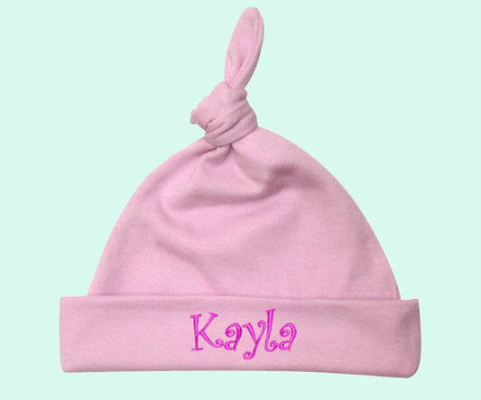 Personalized Baby Knotted Beanie Hat Pink 0 to 6 Months Embroidered with Your Baby's Name