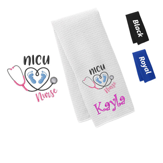 Personalized NICU Nurse Towel Footprint Design, Gym, Workout Fitness Towel Waffle Microfiber, Embroidered Name Monogrammed Nurse Doctor Gift