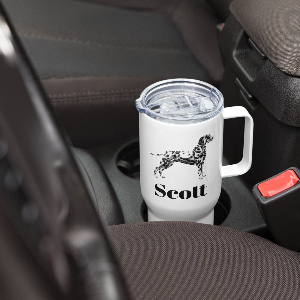 Custom Dalmatian Dog Travel Mug Tumbler with Handle, Stainless Steel BPA-free plastic Cup, 25 Ounce Mug, Dad Mom Dog Lover Gift