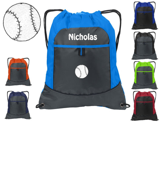 Personalized Kids Cinch Pack Drawstring, Baseball Design, Gym School PE Pool Backpack Embroidered Monogrammed, Custom Name Kids School Gift