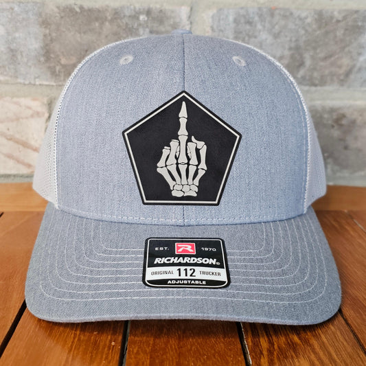 Skeleton Leather Patch Trucker Hat, Richardson 112, Middle Finger Cap, Halloween Hat, Antisocial, F You, Laser Engraved