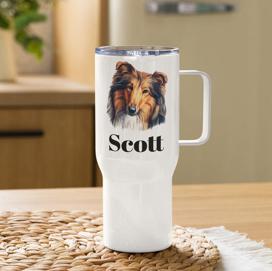 Custom Collie Sheltie Dog Travel Mug Tumbler with Handle, Stainless Steel BPA-free plastic Cup, 25 Ounce Mug, Dad Mom Dog Lover Gift