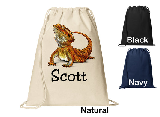 Personalized Bearded Dragon Cinch Pack, Drawstring Gym School PE Pool Backpack, Printed Monogrammed Custom Name, Perfect Gift