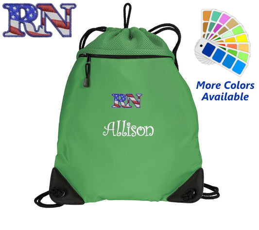 Personalized RN Nurse Cinch Pack, Drawstring Gym School PE, Pool Backpack, Embroidered RN Flag, Monogrammed Custom Name, Perfect Nurse Gift