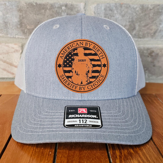Sheriff Leather Patch Trucker Hat, Richardson 112, Police LEO Gift, American Hat, Deputy Gift, Husband Gift, Laser Engraved