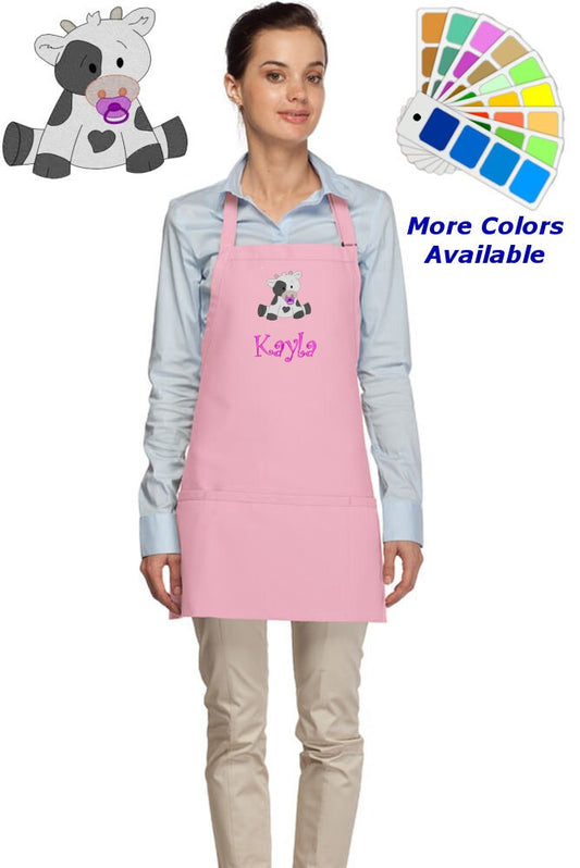 Personalized Apron Embroidered Cow Design, Custom Apron, Monogrammed Apron Name, Dad Mom Teacher Kitchen Home House Gift
