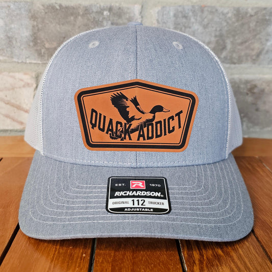 Duck Hunter Leather Patch Trucker Hat, Quack Addict, Richardson 112, Hunter Hat, Funny Dad Gift Husband Gift, Sportsman Gift, Laser Engraved