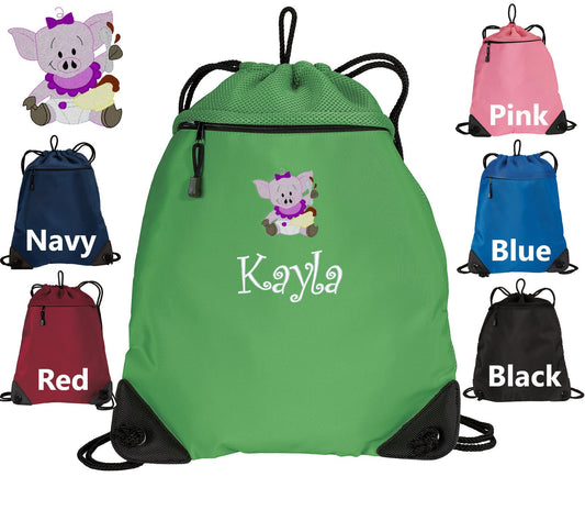 Personalized Kids Cinch Pack, Drawstring Gym School PE Pool Backpack, Embroidered Pig, Custom Name, Kids Gift