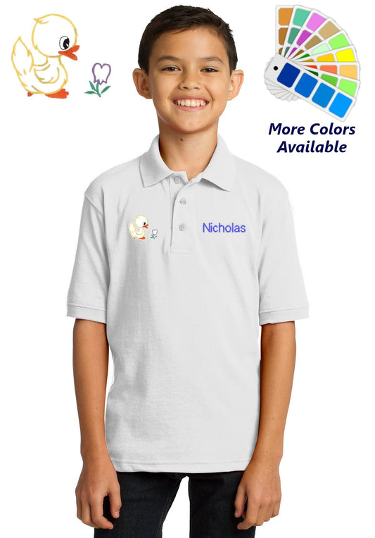 Personalized Kids Polo Shirt Embroidered Duck and Flower Monogrammed with a Name or Text of Your Choice
