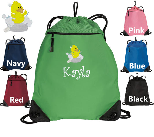 Personalized Kids Duck Cinch Pack, Drawstring Gym School PE Pool Backpack, Embroidered Duckling, with Custom Name, Kids Gift