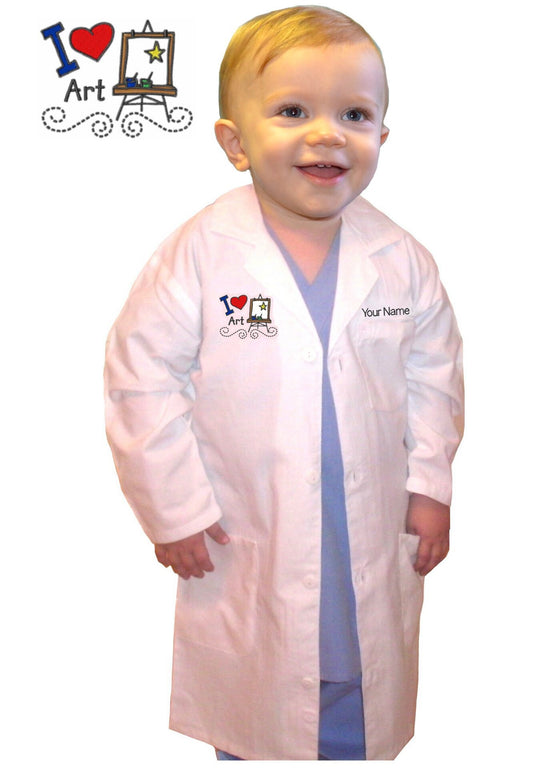 Personalized White Kids Art Smock with Sleeves Embroidered with I Love Art Design and Your Name, School Smock, Art Class, White Smock