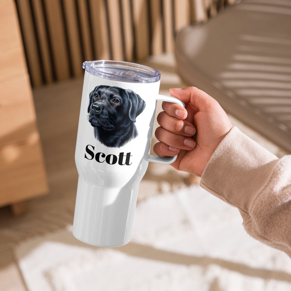 Custom Black Lab Retriever Dog Travel Mug Tumbler with Handle, Stainless Steel BPA-free plastic Cup, 25 Ounce Mug, Dad Dog Lover Gift