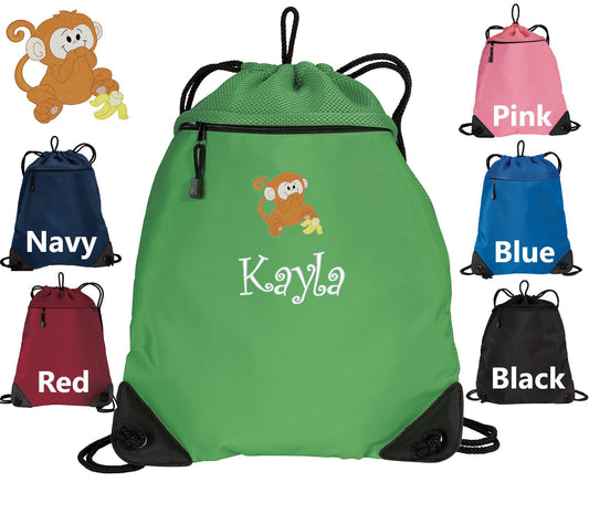 Personalized Kids Cinch Pack, Drawstring Gym School PE Pool Backpack, Embroidered Monkey, Custom Name, Kids Gift