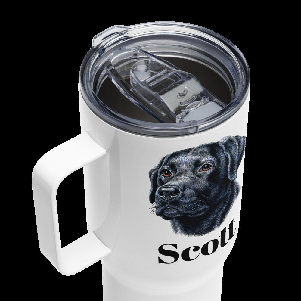 Custom Black Lab Retriever Dog Travel Mug Tumbler with Handle, Stainless Steel BPA-free plastic Cup, 25 Ounce Mug, Dad Dog Lover Gift