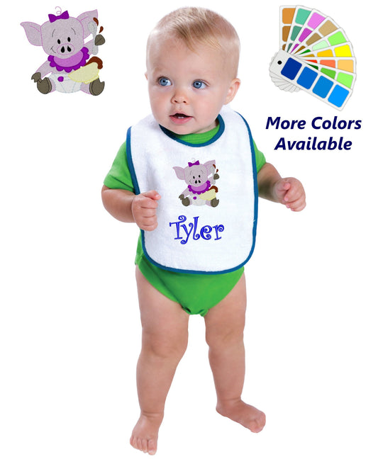 Personalized Baby Bib White Cotton Terry with Contrast Trim Baby Pig Design for Boy or Girl Embroidered Name