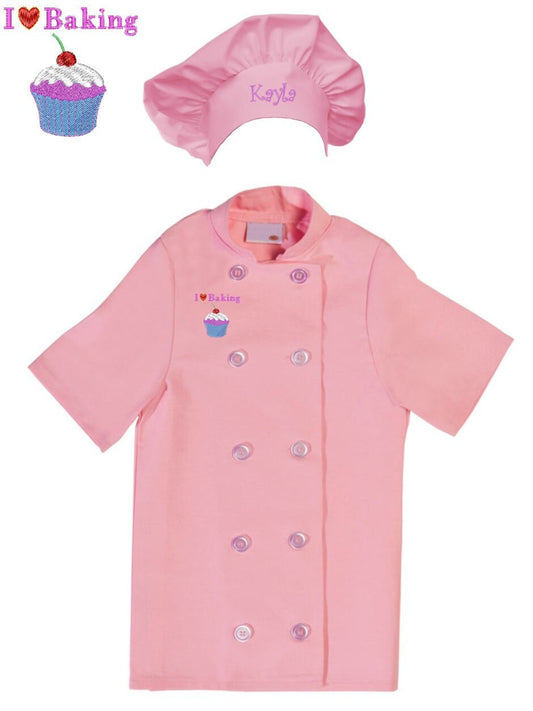 Personalized Kids Pink Chef Coat Jacket with Chef Hat and I Love Baking Design Short Sleeve