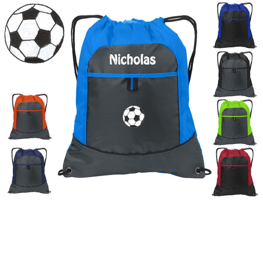 Personalized Kids Cinch Pack Drawstring, Soccer Ball Design, Gym School PE Pool Backpack Embroidered Monogrammed Custom Name School Gift