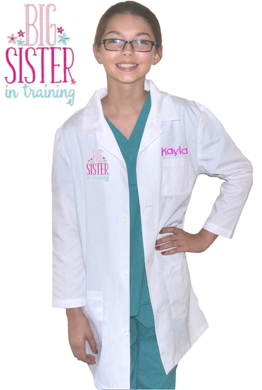 Personalized Kids Lab Coat with Big Sister In Training Embroidery Design, New Sister Gift, New Gift, Expectant Mom Gift