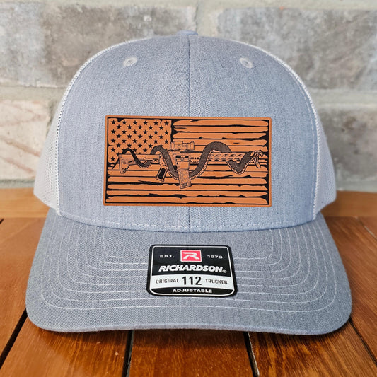 Rattlesnake AR15 Leather Patch Trucker Hat with US Flag, Richardson 112, Military Gift, Dad Gift, Husband Gift, Laser Engraved