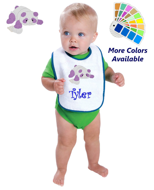 Personalized Baby Bib White Cotton Terry with Contrast Trim Baby Panda Bear Design for Boy or Girl Embroidered Name