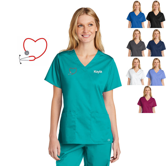 Personalized Womens Nurse Scrubs Top with Heart Design, Custom Embroidered Name, Doctor, Veterinarian, Hospital, Shirt, Medical Apparel
