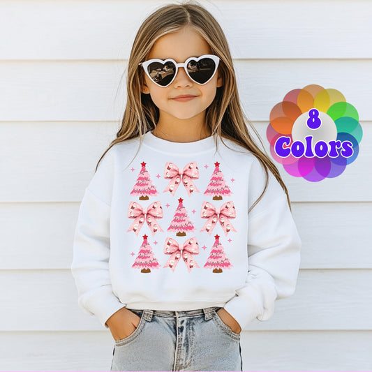 Kids Coquette Christmas Sweatshirt, Pretty Pink Bows, Santas Sweatshirt, Pink Xmas Trees, Festive Holiday Crewneck, Girl Christmas Sweater