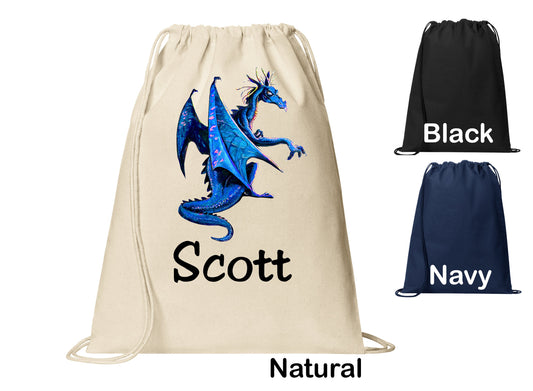 Personalized Blue Dragon Cinch Pack, Drawstring Gym School PE Pool Backpack, Printed Monogrammed Custom Name, Perfect Gift