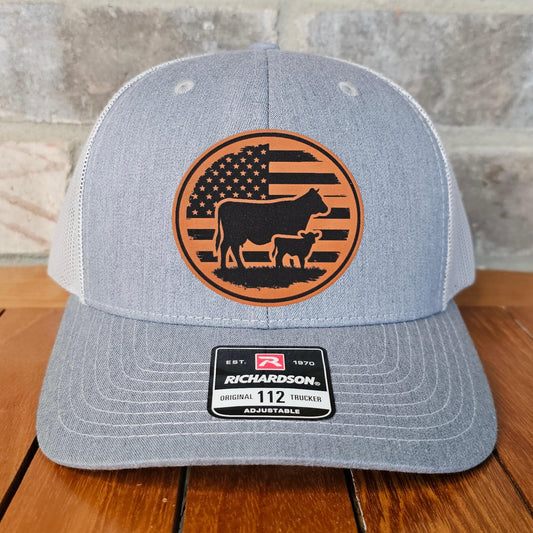 Cow Farm Flag Leather Patch Trucker Hat, Richardson 112, Farm Life Cap, USA Patriotic Hat, Farm Lover Hat, Farmer Gift, Laser Engraved