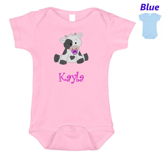 Personalized Baby Onesie Pink Blue Embroidered Baby Cow Newborn One Piece Body Suit Baby Shower Gift Monogrammed with Your Baby's Name