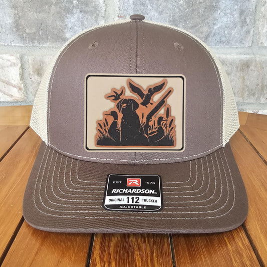 Duck Hunter Leather Patch Trucker Hat, Richardson 112, Bird Dog Hunter Hat, Dad Gift Husband Gift, Sportsman Gift, Laser Engraved