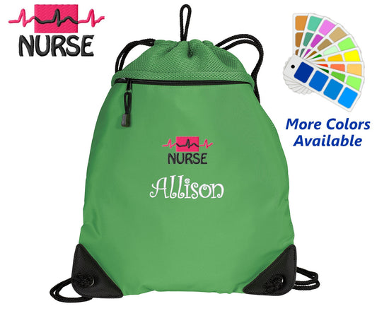 Personalized Cinch Pack, Drawstring Gym School PE, Pool Backpack, Embroidered Nurse Design, Monogrammed Custom Name, Perfect Nurse Gift