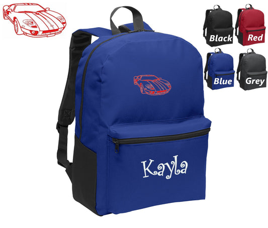 Personalized Kids Backpack Embroidered Sports Car GT Outline Monogrammed with Name of Your Choice Perfect Kids School Gift