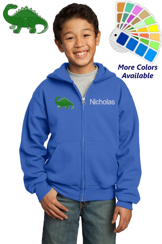 Personalized Kids Hoodie Sweatshirt Zipper Embroidered Brontosaurus Dinosaur with a Name of Your Choice