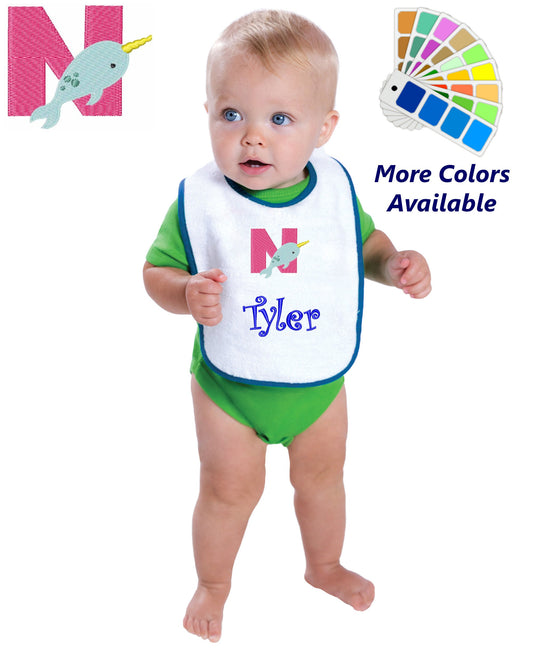 Personalized Baby Bib, White Cotton Terry with Contrast Trim, Letter N, Alphabet, Design, for Boy or Girl, Embroidered Name