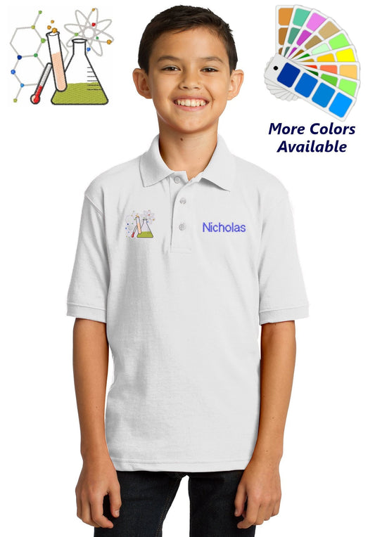 Personalized Kids Polo Shirt Embroidered Chemistry Monogrammed with a Name or Text of Your Choice