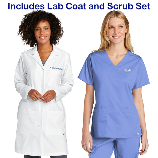 Personalized Womens Lab Coat and Scrubs Set with Custom Embroidered Text or Name, Doctor, Nurse, Veterinarian, Hospital, Medical Apparel