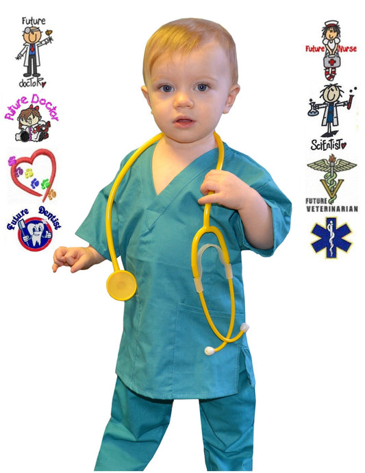 Embroidered Personalized Teal Green Toddler Kids Scrubs for little Doctors and Nurses