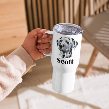 Custom Dalmatian Dog Travel Mug Tumbler with Handle, Stainless Steel BPA-free plastic Cup, 25 Ounce Mug, Dad Mom Dog Lover Gift