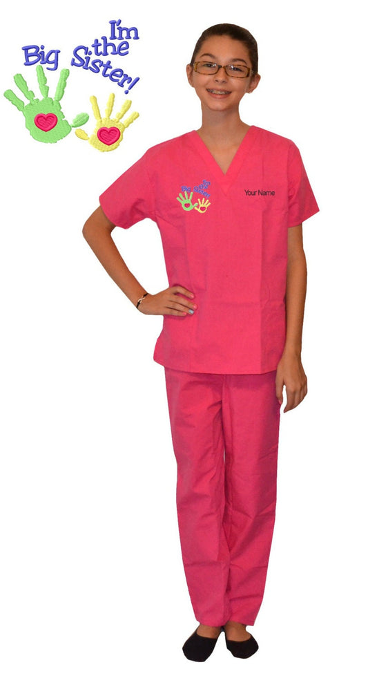 Big Sister Embroidered Personalized Pink Kids Scrubs