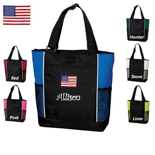 Personalized Canvas Tote Bag American Flag Design, Custom Tote, Tote with Zipper, Embroidered Custom Name, Perfect Gift