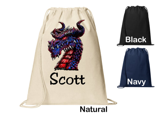 Personalized Dragon Horned Fantasy Cinch Pack, Drawstring Gym School PE Pool Backpack, Printed Monogrammed Custom Name, Perfect Gift